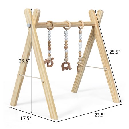 Foldable Wooden Baby Gym with 3 Wooden Baby Teething Toys Hanging Bar Natural