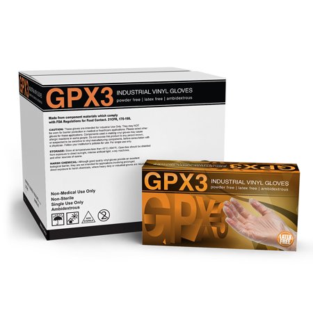 AMMEX GPX3 Vinyl Latex Free Industrial Disposable Gloves, X-Large, Clear, 1000/Case, XL