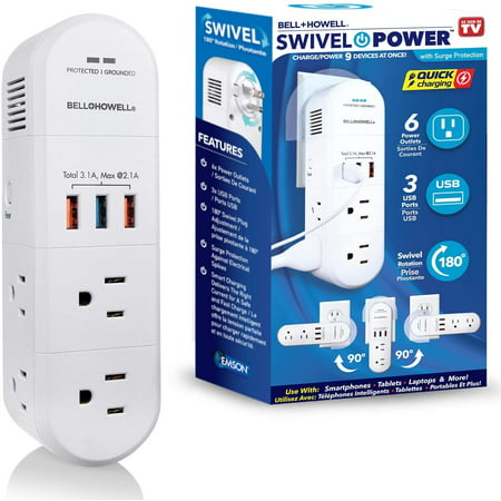 Bell + Howell Swivel Power Surge Protector Electric Charging Station 6 Outlets 3 USB Ports with 180 Degrees Swivel Rotation, Quick Charging - 9 Devices in One