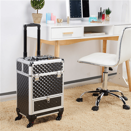 Topeakmart Rolling Aluminum Makeup Train Case Cosmetic Trolley with 4 Side Trays & 1 Slide-out Drawer, BlackBlack,