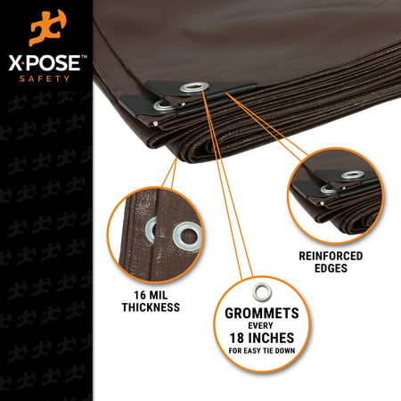 X-pose Safety 10' x 12' Super Heavy Duty 16 Mil Brown Poly Tarp Cover - Thick Waterproof, UV Resistant, Rot, Rip and Tear Proof Tarpaulin with Grommets and Reinforced Edges, 10' x 12'