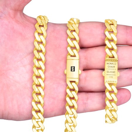 Nuragold 10k Yellow Gold 11mm Royal Monaco Miami Cuban Link Chain Necklace, Mens Jewelry with Fancy Box Clasp 18" - 30"