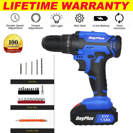 21V Cordless Drill Electric Kit Fast Charger Lithium-Ion Battery for Car Tyre Repair & Home DIY
