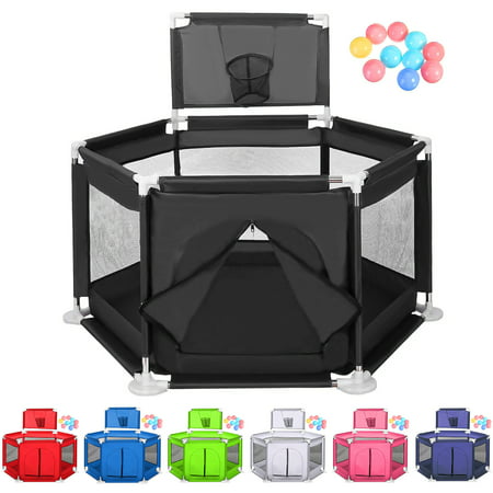 50in Large Sturdy Baby Playpen Safety Baby Playard with Soft Breathable Mesh and 10 Ocean BallsBlack,