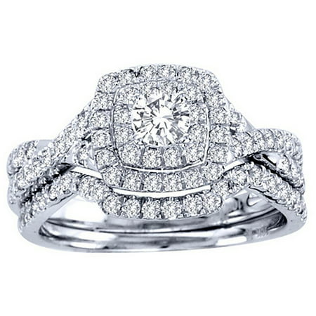 Frances Exquisite Halo Pave Wedding Ring SetWhite Gold Plated,