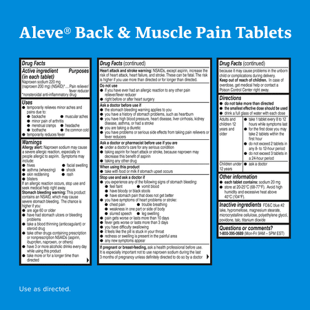 Aleve Back & Muscle Pain Reliever/Fever Reducer Naproxen Sodium Tablets, 220 mg, 50 Ct