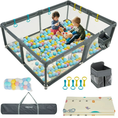 HEAO Baby Playpen, Kids Large Playard with 30PCS Pit Balls, Indoor & Outdoor Kids Activity Center, Infant Safety Gates with Breathable Mesh, Children's Fences Portable with Crawling Mat, Dark GreyDark Grey,