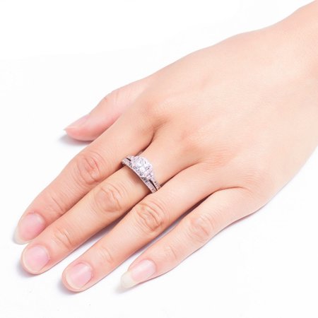 1 Carat Princess Cut Moissanite Wedding Set - Bridal Set - Antique Ring - Cluster Ring - 18k White Gold Over Silver, 7