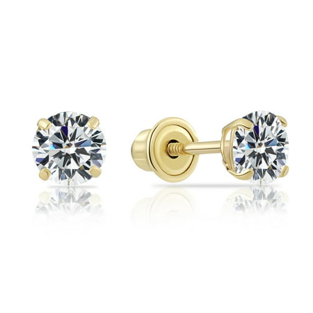 Tilo Jewelry 14k Yellow Gold Solitaire Round CZ Stud Post Earrings With Screw-Backs (4MM) - Women, Men, Unisex