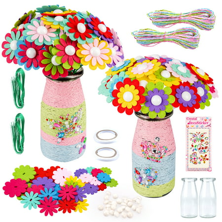 Flower Bouquet with Buttons Vase for Kids Age 4-8 Flower Craft Kit for 4 5 6 7 8 Year Old Girls Boys Art Supplies for Children Age 5 6 7 8 DIY Flower Vase Craft Art Kits for 3 4 5 Year Old ChildWinter Jasmine+Rain Butterfly,