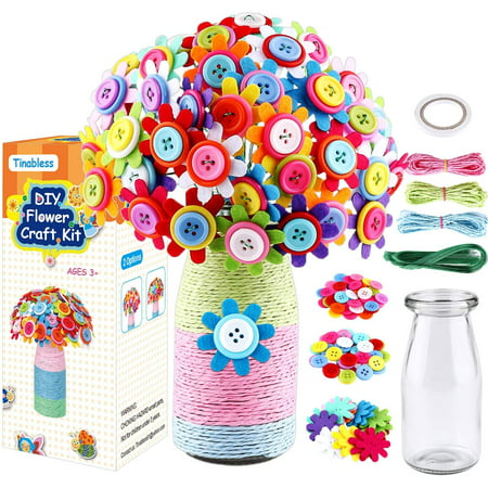 LNKOO Flower Craft Kit for Kids - Arts and Crafts Make Your Own Button Felt Flowers Vase Project for Boys and Girls - Fun DIY Activity for Children Ages 4 5 6 7 8 9 10 Years Old