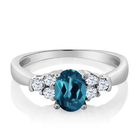 Gem Stone King 925 Sterling Silver London Blue Topaz and White Topaz Gemstone Birthstone Women's Ring (0.79 Cttw, Oval 6X4MM, Available 5,6,7,8,9), 6