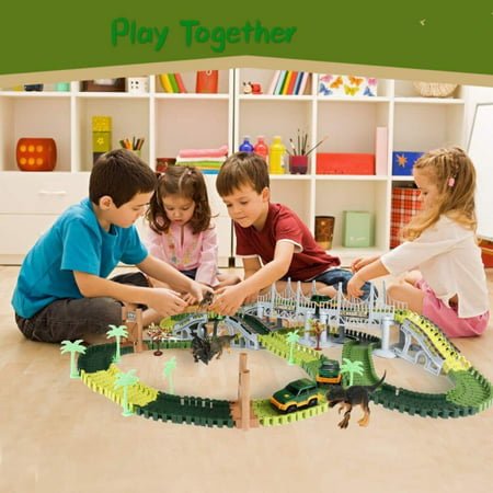 Dinosaur Race Track Toys 144pcs Flexible Tracks Playset Toy Car Hanging Bridge Dinosaurs Toys Perfect Toy Gifts for Kids
