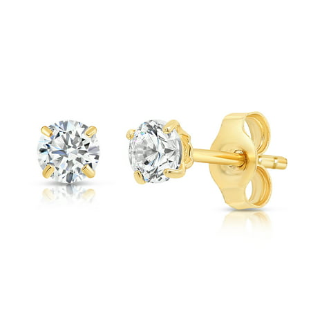 Tilo Jewelry 14k Yellow Gold Solitaire Round CZ Stud Post Earrings with Push-Backs (3MM) - Women, Men, Unisex, 3 mm