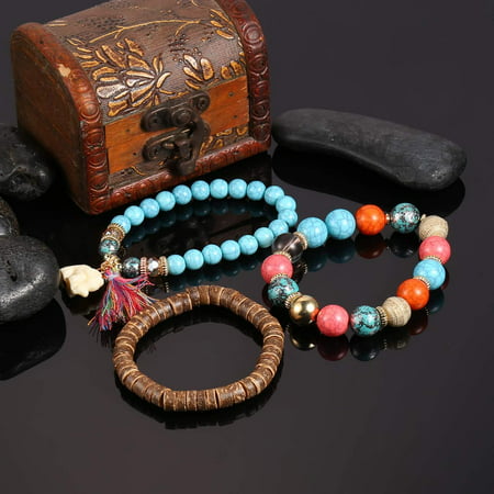 Women Bracelets Wood Beads Bracelets Boho Small Elephant Charm Bracelets Set Jewelry TPBYColorful,