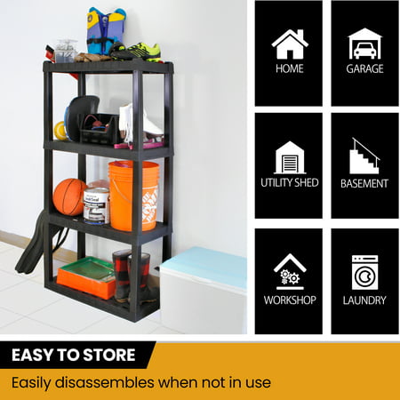 Hyper Tough 56" H x 14" D x 30" W 4 Shelf Plastic Garage Shelves, Pack of 2 Storage Shelving Units, Black 400 lbs Capacity