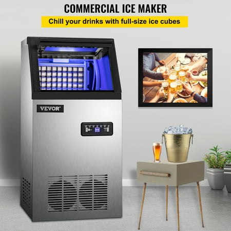 VEVOR 110V Commercial Ice Maker 120lbs/24h,Ice Machine with 22lbs Storage 5 x 9 Cubes Stainless Steel Auto Clean for Bar Home Supermarkets Includes Scoop and Connection Hose, 120lbs/24h