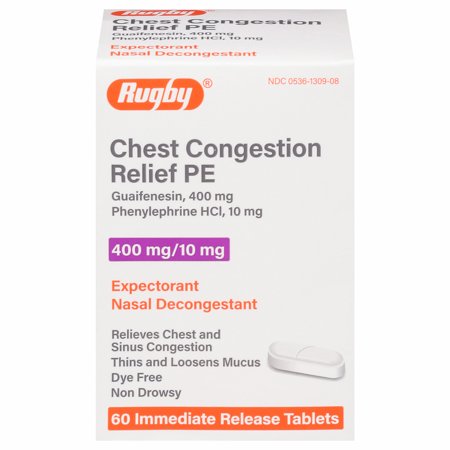 Rugby Chest Congestion Relief PE, OTC Medicine for Nasal Congestion, 60ct Tablets