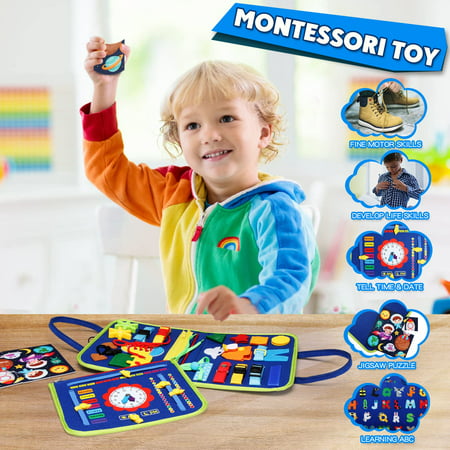 Busy Board Montessori Toy for Toddlers, Educational Activity Developing Sensory Board for Fine Basic Dress Motor Skills - Travel Toys for Plane Car, Gift for Boys Girls 1 2 3 4 Year OldBlue,