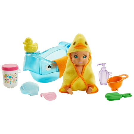 Barbie Skipper Babysitters Inc. Feeding and Bath-Time Playset With Color-Change Baby Doll, Tub and 6 Accessories