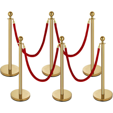 VEVOR 6pcs Gold Stanchion Post, 4 Red Velvet Ropes Queue Rope Barriers, 38in Crowd Control Barrier Queue Line, Crowd Control Poles, for The Ceremony, Museums, Gold