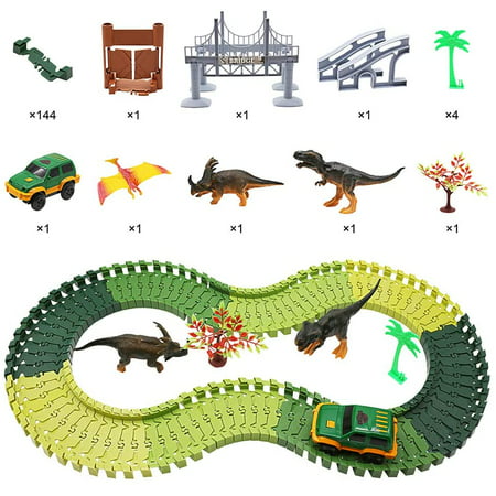 Dinosaur Toys 144Pcs Race Car Flexible Track, Create a Road,2 Dinosaurs,1 Cars Vehicle Playset,Perfect Birthday Toys for 3 4 5 6 Year Old Boys and Girls Kids