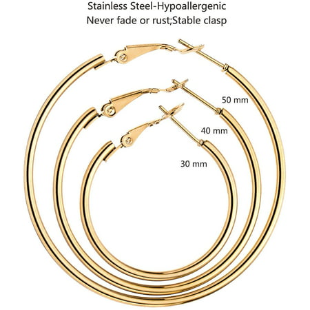 6 Pairs of Women?s Large Hoop Earrings, 14K Gold-Plated, Silver Hypoallergenic Stainless Steel Lightweight Earrings, Women?s 30mm-50mm