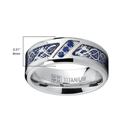 Men's Titanium Wedding Ring Band with Dragon Design Over Blue Carbon Fiber Inlay and Blue Cubic Zirconia SZ 8
