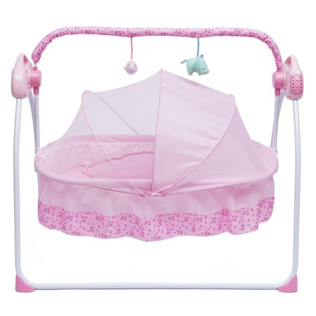 OUKANING Electric Baby Crib Cradle Music Auto Swing Rocking Cot Sleeping Bed Pink +timer