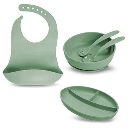 Little Twig 6-pc Silicone Feeding Set with Bib, Suction Plate, Suction Bowl, Spoon, Fork and Travel Bag, SageGreen,