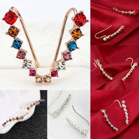 Fashion Womens Rhinestone Gold Silver Crystal Earrings Ear Hook Stud Jewelry, Silver, One Size