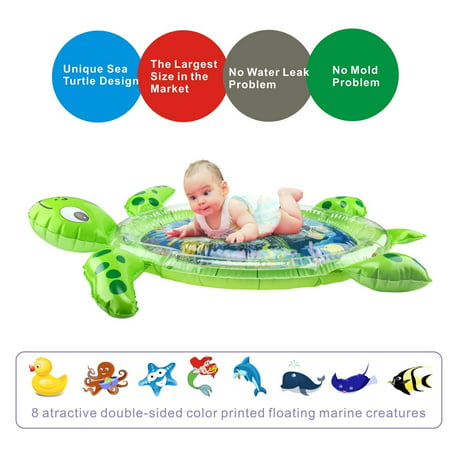 Gebra Inflatable Tummy Time Water Mat Sea Turtle Shape Infants & Toddlers Play Mat Toy, Fun Play Activity Center Your Baby's Stimulation Growth (BPA Free, 43" 35" 2.5")