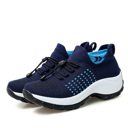 Damyuan Walking Shoes Women Slip On Sock Sneakers Breathe Mesh Comfort Wedge Platform Loafers, Blue, 10.5
