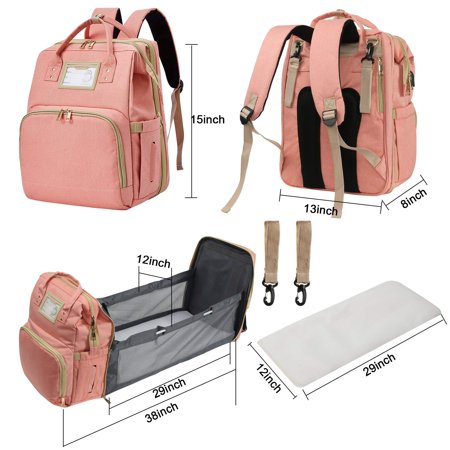 Travel Diaper Bag Backpack for Baby, Portable Waterproof Mommy Crib Multi-Functional Baby Bed Bag with Changing Station Bed and USB Charging PortPink,
