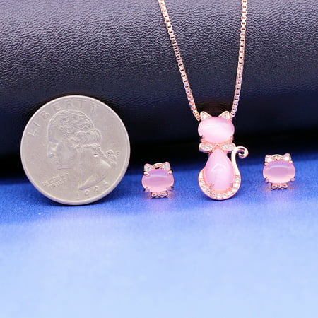 Uloveido Cute Cat Shape Light Pink Crystal Jewelry Set for Women, Studs Earrings and Pendant Necklace for Teen Girls Y404Pendant and Earrings Set,