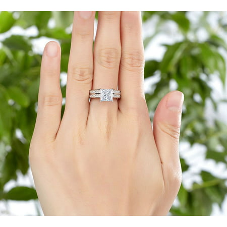 1.50 Carat Princess Cut Moissanite Wedding Set - Bridal Set - Channel Set Ring - Handmade Ring - 18k White Gold Over Silver