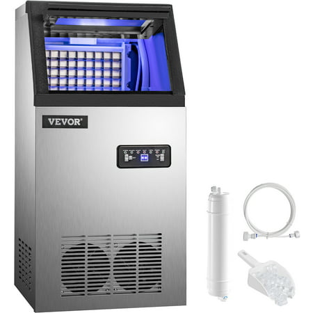 VEVOR 110V Commercial Ice Maker 120lbs/24h,Ice Machine with 22lbs Storage 5 x 9 Cubes Stainless Steel Auto Clean for Bar Home Supermarkets Includes Scoop and Connection Hose, 120lbs/24h