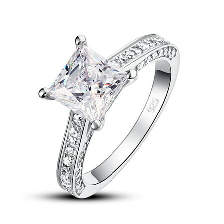 1.25 Carat Princess Cut Moissanite Engagement Ring - Bridal Set - Pave Ring - Promise Ring - 18k White Gold Over Silver, 7