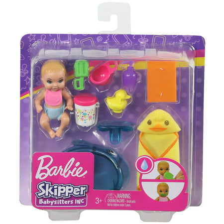 Barbie Skipper Babysitters Inc. Feeding and Bath-Time Playset With Color-Change Baby Doll, Tub and 6 Accessories
