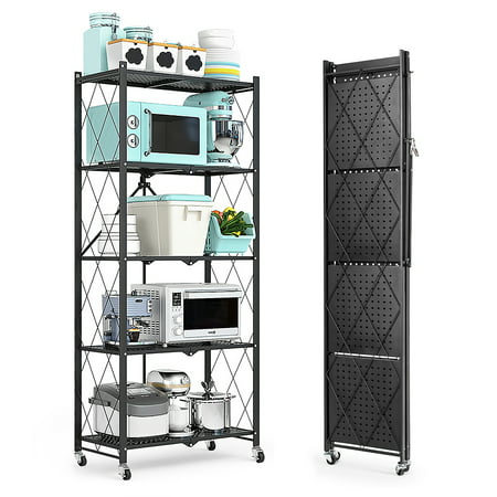 COOKCOK 5-Tier Storage Shelving Unit,Heavy Duty Metal Shelf 28.03"x12.2"x62.5,Foldable Storage Shelf with Wheels,Garage Shelf,Metal Storage Rack,Kitchen Shelf,No Assemble Required,1250lbs CapacityBlack-5Tier,