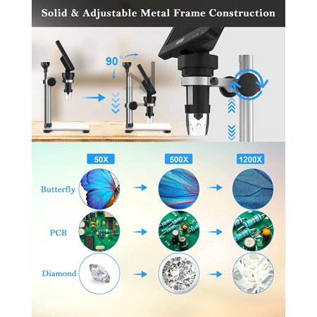 Digital Microscope with 7'' LCD Screen 1200X,Electronic Microscope 1080P Video 12MP Camera, Soldering Coins Microscope for Adults Kids, Metal Stand (10 LED Lights)