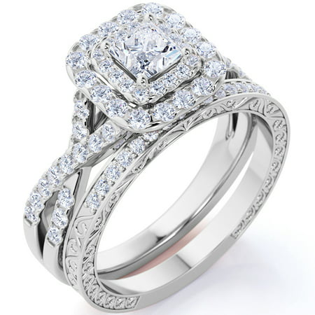 1.25 ct - Square Moissanite - Double Halo - Twisted Band - Vintage Inspired - Pave - Wedding Ring Set in 18K White Gold over SilverWhite,