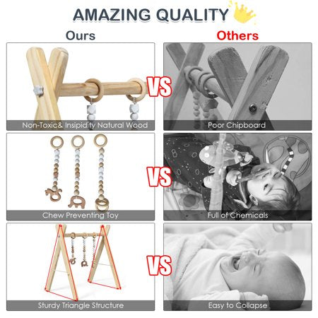 Foldable Wooden Baby Gym with 3 Wooden Baby Teething Toys Hanging Bar Natural