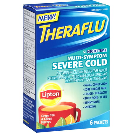Theraflu Nighttime Multi Symptom Severe Cold, Lipton Green Tea & Citrus Flavors, 6 ea (Pack of 2)