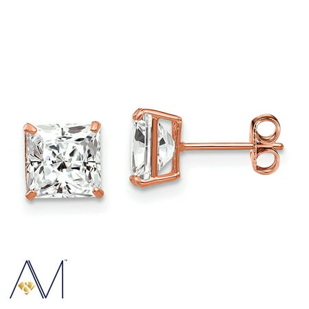 14k Gold 4mm to 8mm Square Clear CZ Stud Earrings, Simulated Diamonds, Square Cut Earrings, For Women, Girls, Unisex, Rose Gold, 7 mm