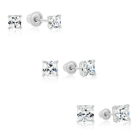3 Pair Set! Tilo Jewelry 14k White Gold Square CZ Stud Earrings with Screw-backs (3mm,4mm,5mm) Women, Girls, Men, Unisex