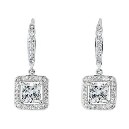 Cate & Chloe Ivy Faithful 18k White Gold Princess Cut Drop Earrings with Cubic Zirconia Crytals, Women's Gold Plated Earrings, Silver Dangle Earrings for Women, Wedding Anniversary Jewelry - MSRP $150Silver,