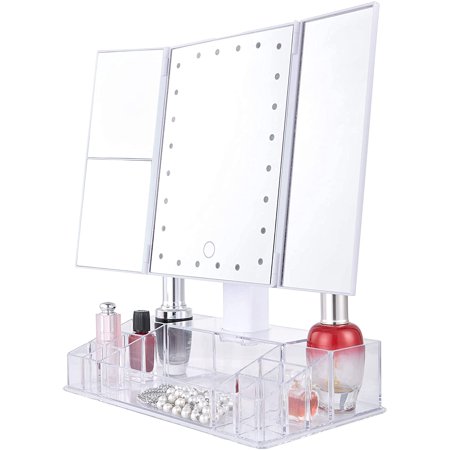 Elle Premiere Trifold Makeup Mirror with LED Lights and Organizer Storage Base, 1x 2X 3X Magnification