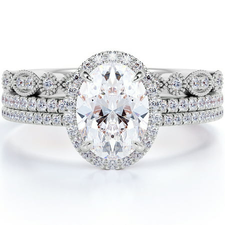 Unique 1.5 Carat Real Moissanite Wedding Trio Ring Set with Engagement Ring and 2 Wedding Bands in 18k Gold Over Silver