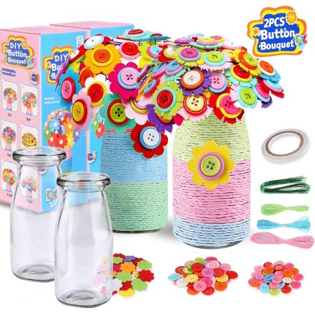 Amerteer 2 Pcs Flower Craft Kit for Kids - Arts and Crafts Make Your Own Button Felt Flowers Vase Project for Boys and Girls - Fun DIY Activity for Children Ages 4 5 6 7 8 9 10 Years Old